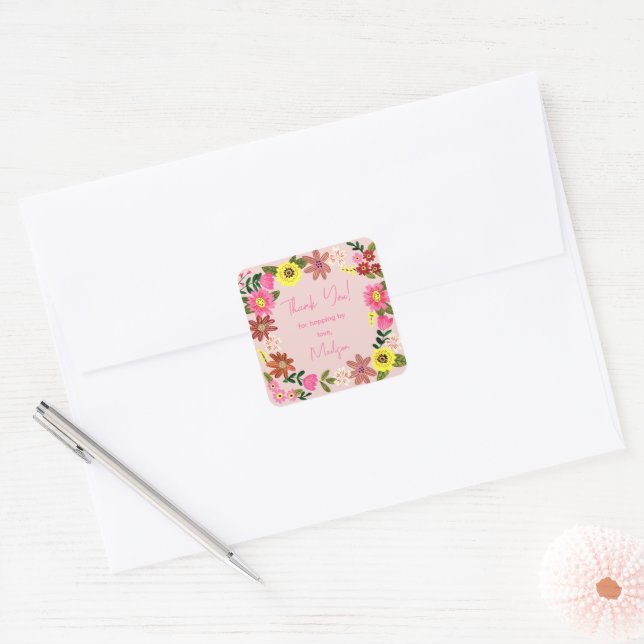Sticker Carré Fleurs roses douces Baby shower Floral (Enveloppe)