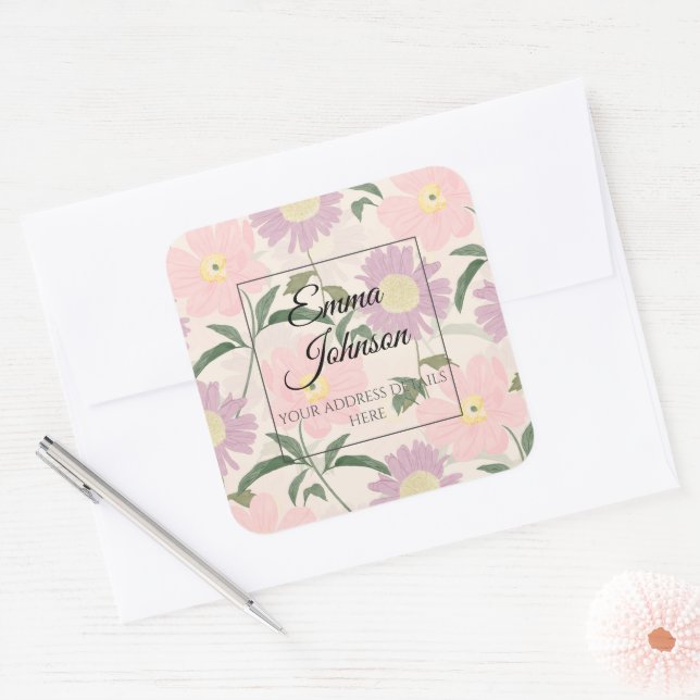 Sticker Carré Fleurs roses élégantes Aquarelle Boho Floral (Enveloppe)