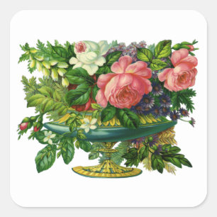 Sticker Carré Fleurs roses florales vintage, vase de fleurs