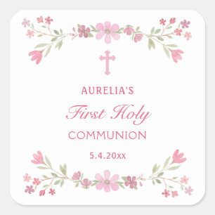 Sticker Carré Fleurs roses Première Communion sainte