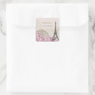 Sticker Carré Fleurs Roses Vintage Paris Tour Eiffel Mariage