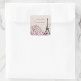 Sticker Carré Fleurs roses vintages Paris Tour Eiffel Mariage
