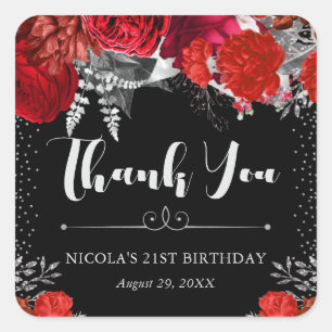 Sticker Carré Fleurs Rouge et Argent Aquarelle Anniversaire