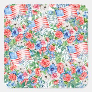 Sticker Carré Fleurs rouges blanches et bleues  Patriotique 4 ju