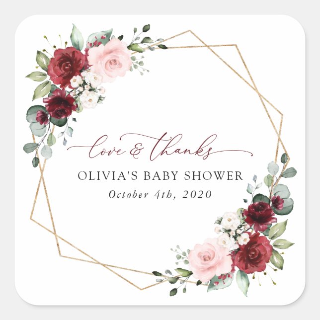Sticker Carré Fleurs Rouges Bourgogne, Fleurs Roses, Baby shower (Devant)