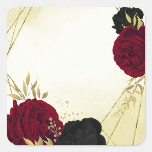 Sticker Carré fleurs rouges noires or feuille mariage