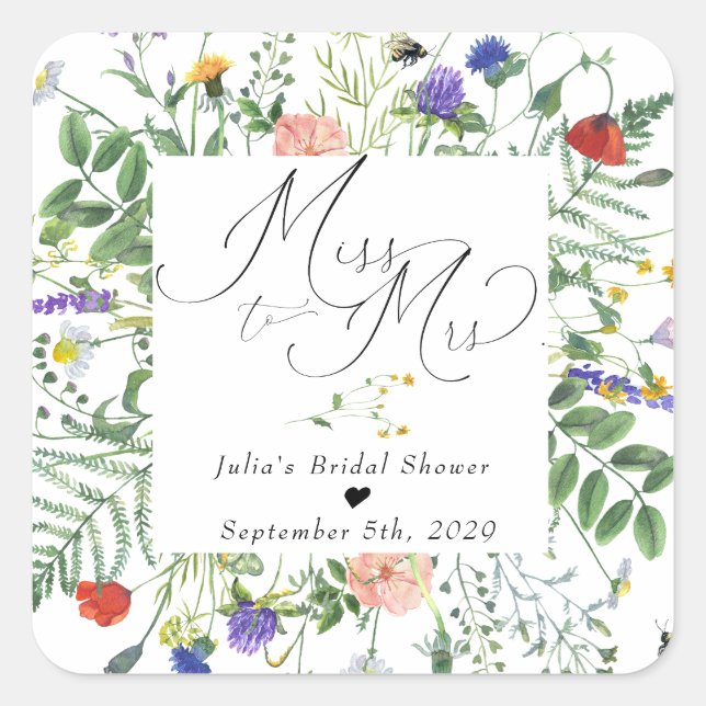 Sticker Carré Fleurs sauvages | Bees Floral | Cadeau de mariage (Devant)