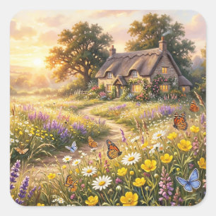 Sticker Carré Fleurs sauvages et un cottage mignon
