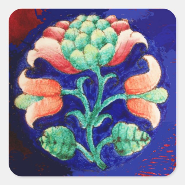 STICKER CARRÉ FLEURS STYLISÉES / ROUGE VERT VERT BLEU FLORAL (Devant)