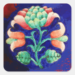 STICKER CARRÉ FLEURS STYLISÉES / ROUGE VERT VERT BLEU FLORAL