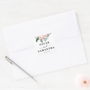 Sticker Carré Fleurs tropicales et beauté Flamant rose rose