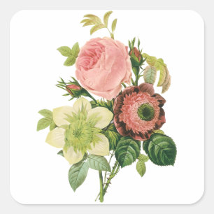 Sticker Carré Fleurs Vintage, Anémones Roses Clematis par Redout