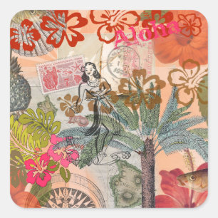 Sticker Carré Fleurs vintages Hula Colorful Hawaiian Tropical