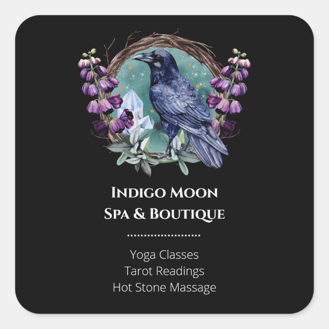 Sticker Carré Fleurs violettes Corbeau céleste cristaux couronne (Devant)