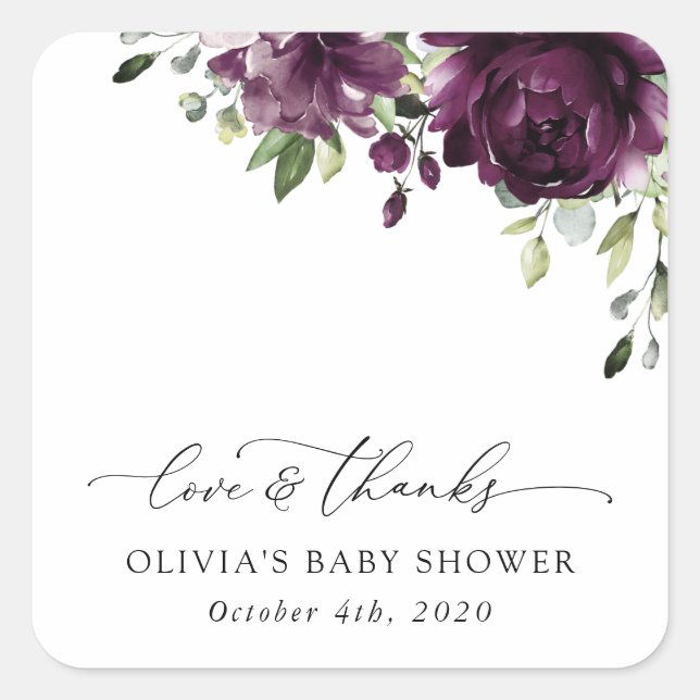 Sticker Carré Fleurs violettes, Fleurs de prunes, Boho, Baby sho (Devant)