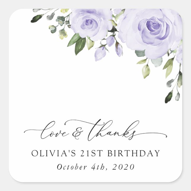 Sticker Carré Fleurs violettes, Fleurs Lilac, Boho, Anniversaire (Devant)