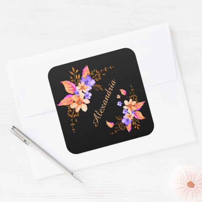 Sticker Carré Fleurs violettes jaunes Motif Abstrait d'aquarelle (Enveloppe)