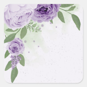Sticker Carré fleurs violettes romantiques vert feuille botaniqu