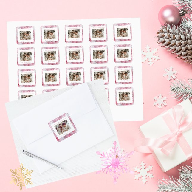 Sticker Carré Flocon de neige rose victorien Photo de Noël (Pinks Snowflake Christmas Square Stickers)