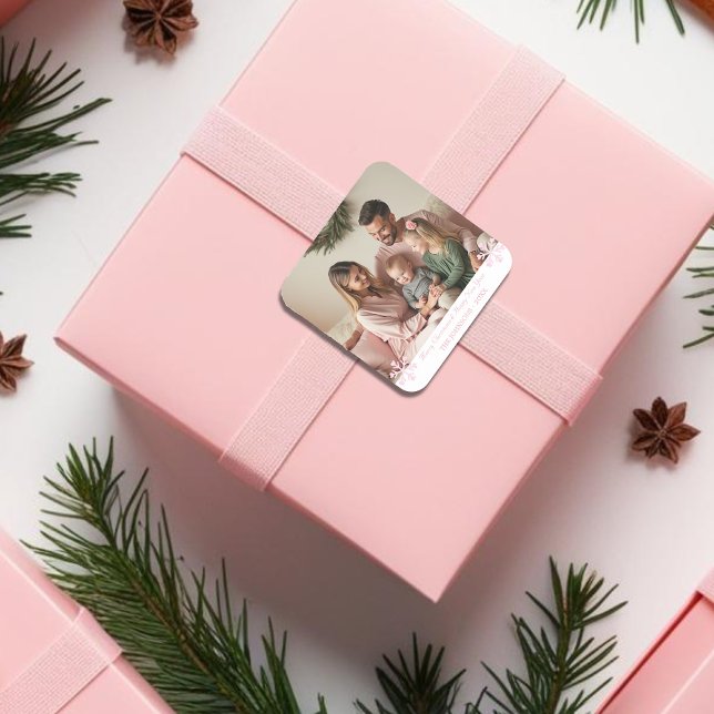 Sticker Carré Flocons de neige roses simples une photo (Simple Pink Snowflakes one photo Square Sticker)