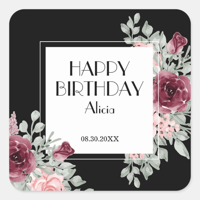 Sticker Carré Flora rose Bourgogne Noir Joyeux anniversaire (Devant)