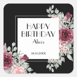 Sticker Carré Flora rose Bourgogne Noir Joyeux anniversaire