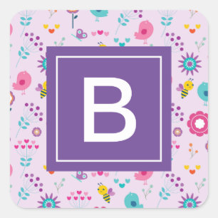 Sticker Carré Floral Abeille Motif Violet Monogramme Enfants