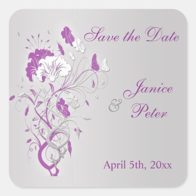 Sticker Carré Floral argent violet, papillon Enregistrer la date (Devant)