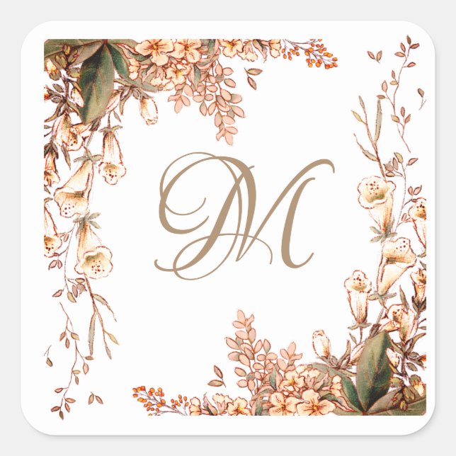 Sticker Carré Floral Automne Garland Script Monogramme Élégant (Devant)