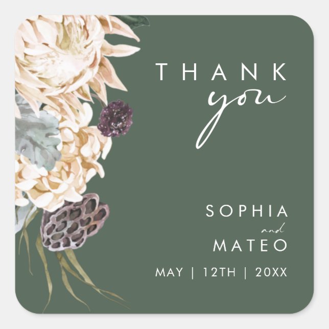 Sticker Carré Floral blanc | Mariage de Merci vert foncé (Devant)