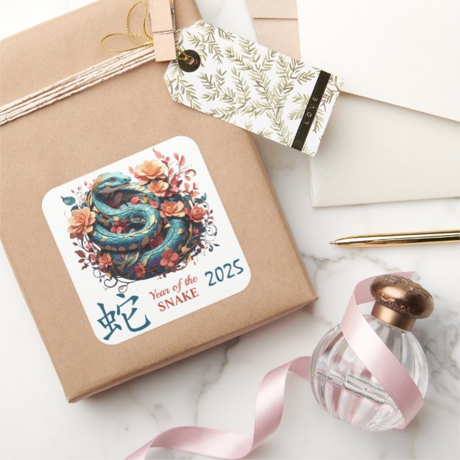 Sticker Carré Floral bleu 2025 Année chinoise du serpent (Cadeaux)
