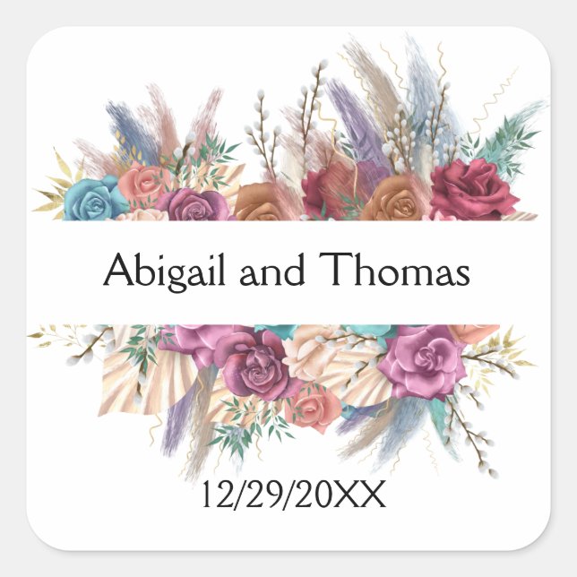 Sticker Carré Floral Boho Personnalisé Mariage tendance (Devant)