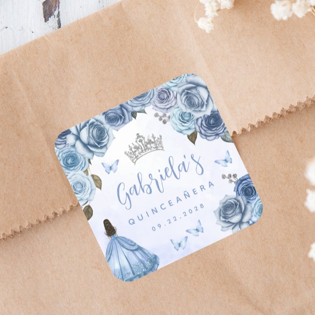 Sticker Carré Floral d'argent bleu Quinceañera (Créateur téléchargé)