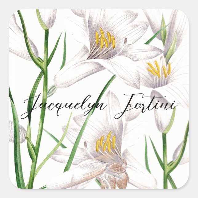 Sticker Carré Floral Elegant Chic Cute Calligraphie Ajouter Nom (Devant)