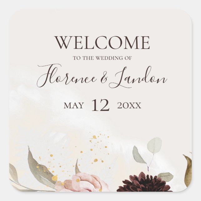 Sticker Carré Floral flush moderne | Accueil du Mariage aquarell (Devant)