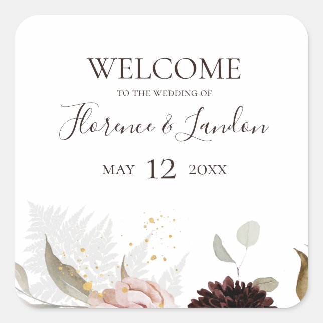 Sticker Carré Floral flush moderne | Bienvenue Mariage (Devant)
