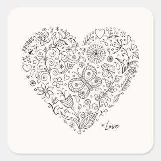 Sticker Carré Floral Heart Doodle Romantic Botanical Line Art