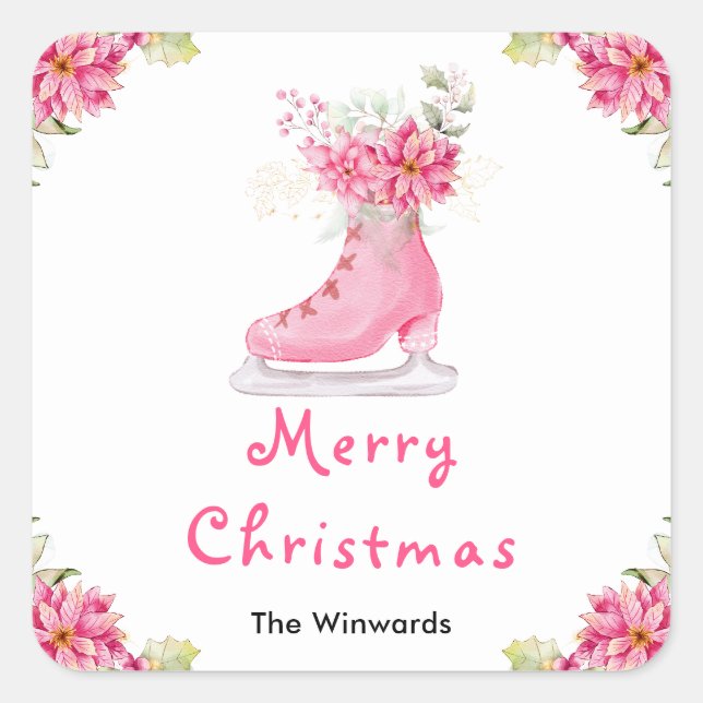Sticker Carré Floral Ice Skate Pink Merry Christmas (Devant)