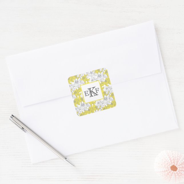 Sticker Carré Floral jaune et gris blanc monogramme (Enveloppe)