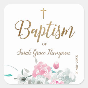 Sticker Carré Floral personnalisé Bébé fille croix d'or baptême