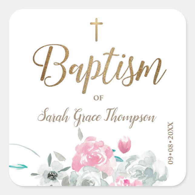 Sticker Carré Floral personnalisé Bébé fille croix d'or baptême (Devant)