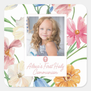 Sticker Carré Floral Première Sainte Communion Photo