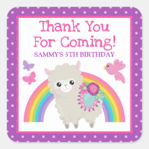 Sticker Carré Floral Spring Llama & Rainbow Birthday
