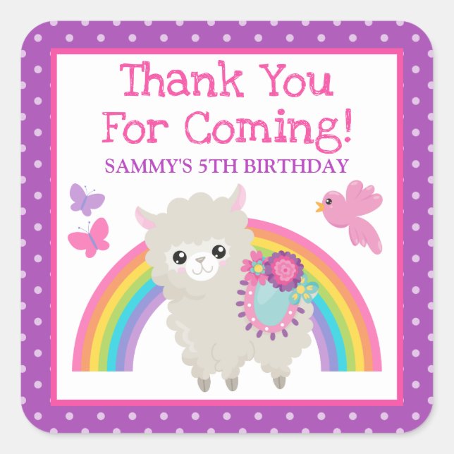 Sticker Carré Floral Spring Llama & Rainbow Birthday (Devant)