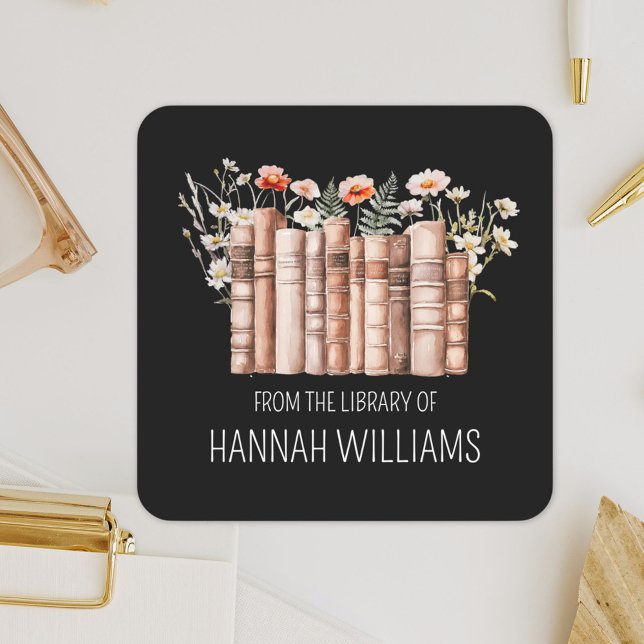 Sticker Carré Floral Stack Book From the Library of Bookplate (Close up)