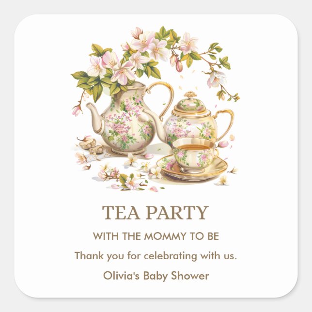 Sticker Carré Floral Teapot Tea Party Time for Tea Baby Shower  (Devant)