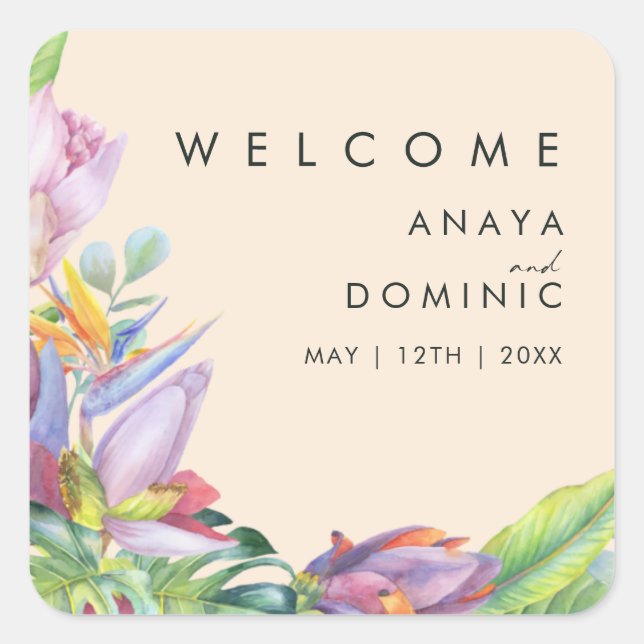 Sticker Carré Floral tropical coloré | Bienvenue du Mariage de p (Devant)