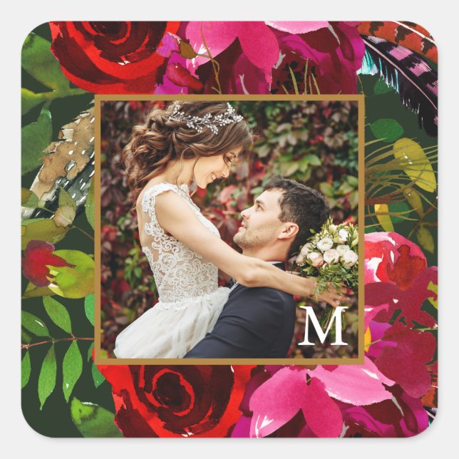 Sticker Carré Floral vibrant avec Monogramme Photo Noël (Devant)