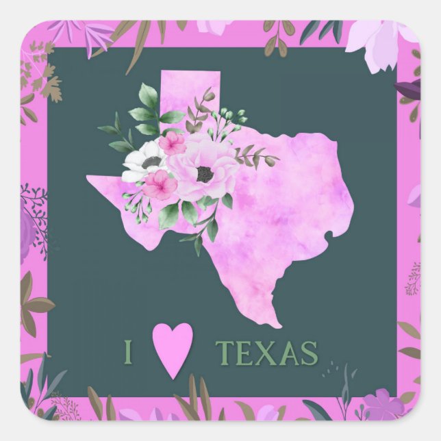 Sticker Carré Floral violet I Love Texas State Map (Devant)