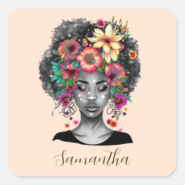 Sticker Carré Flore Élégant Afro Femme Magnet de pierre (Devant)